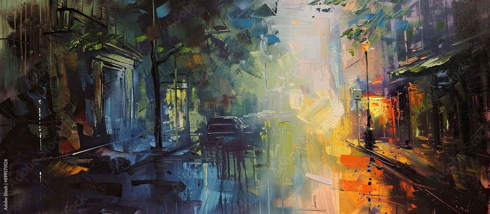 Obraz premium Dynamic Expressionist Depiction of Urban Street Life on a Rainy Day