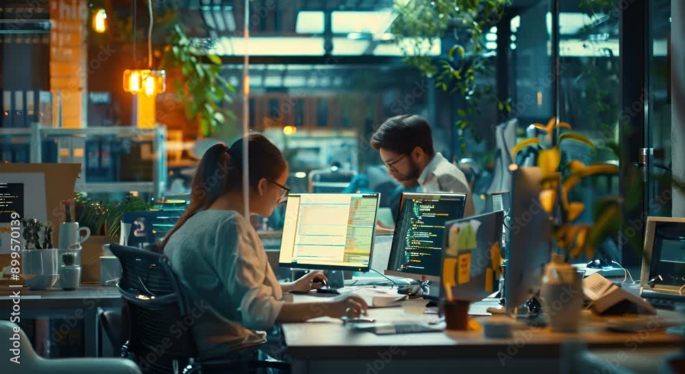 Two people are working at a desk with a computer monitor in front of them Two people are working at a desk with a computer monitor in front of them