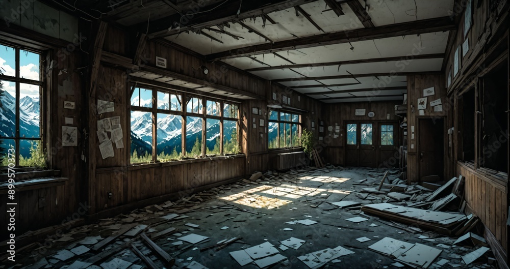 abandoned resort building interior in a mountain valley with mountains and pine trees in spring. ransacked log cabin lodge ruins. abandoned resort building interior in a mountain valley with mountains and pine trees in spring. ransacked log cabin lodge ruins.