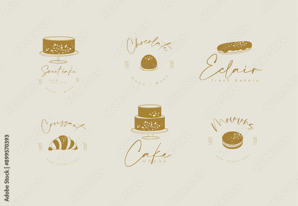 Confectionery sweet labels cake, candy, eclair, croissant, macarons with text drawing on beige background