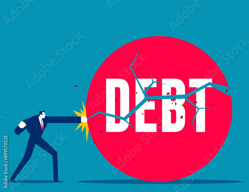 Businessman boxing and defeating huge debt iron ball. Business vector concept