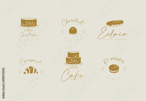 Obraz na płótnie Confectionery sweet labels cake, candy, eclair, croissant, macarons with text drawing on beige background w salonie