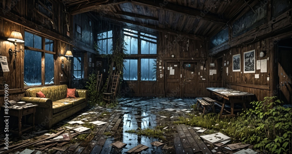 abandoned interior of cabin ski lodge resort in the forest wilderness mountains in the snow. deserted ransacked wooden log cottage in arctic tundra. abandoned interior of cabin ski lodge resort in the forest wilderness mountains in the snow. deserted ransacked wooden log cottage in arctic tundra.