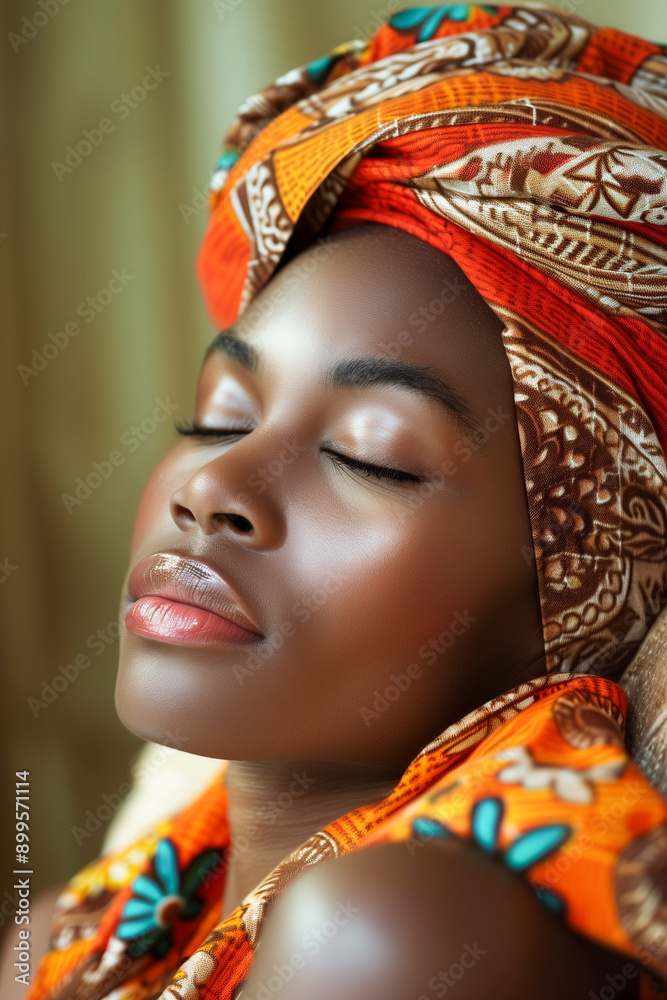 The scarf is orange and has a pattern of flowers and leaves The scarf is orange and has a pattern of flowers and leaves