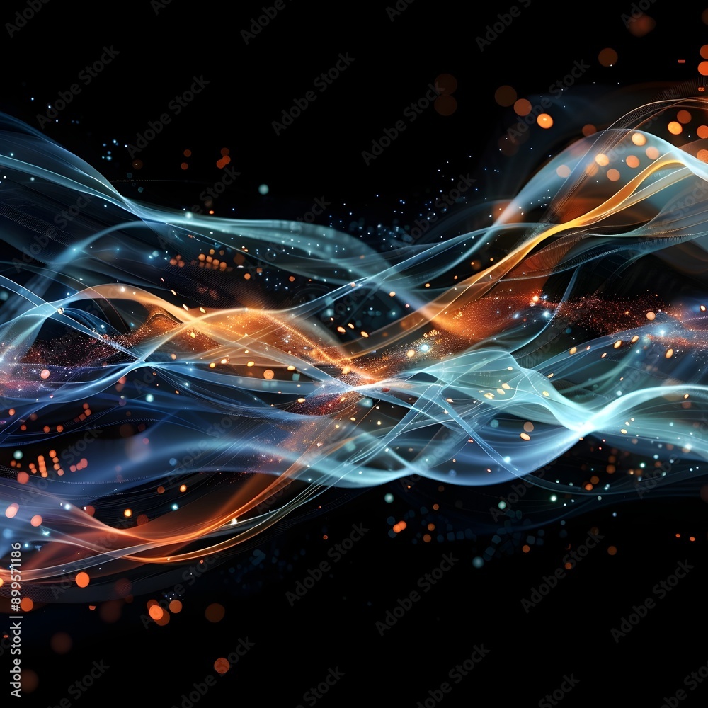 Fototapeta premium Glowing Technological Waves of Data and Connections on Abstract Black Digital Background