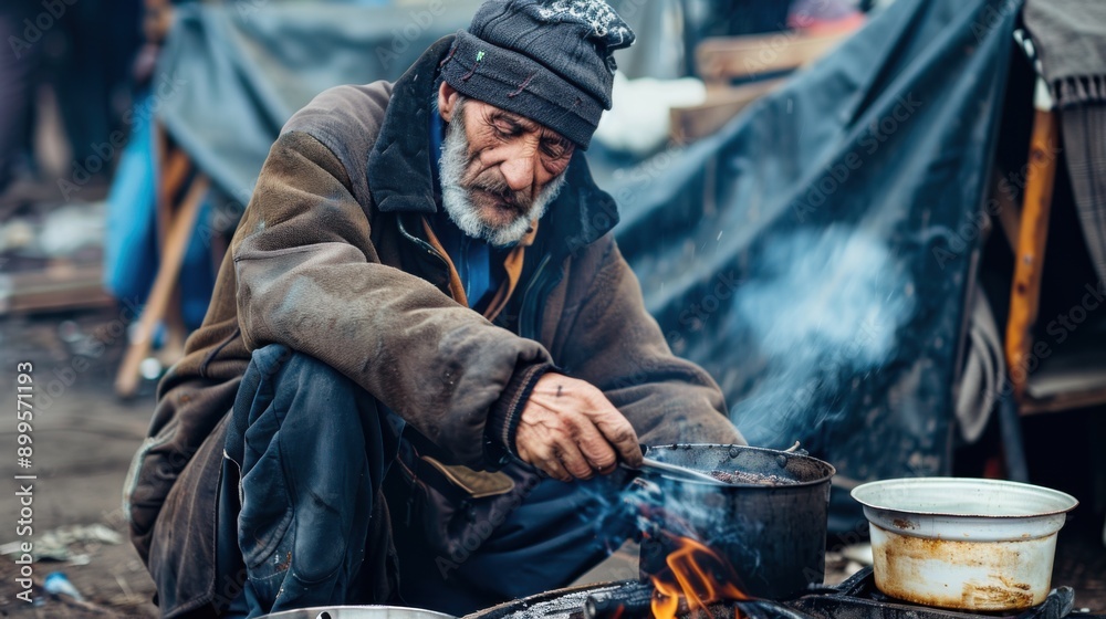 Resourceful Homeless Man Cooking on Make-shift Stove - Survival Skills Demonstrated