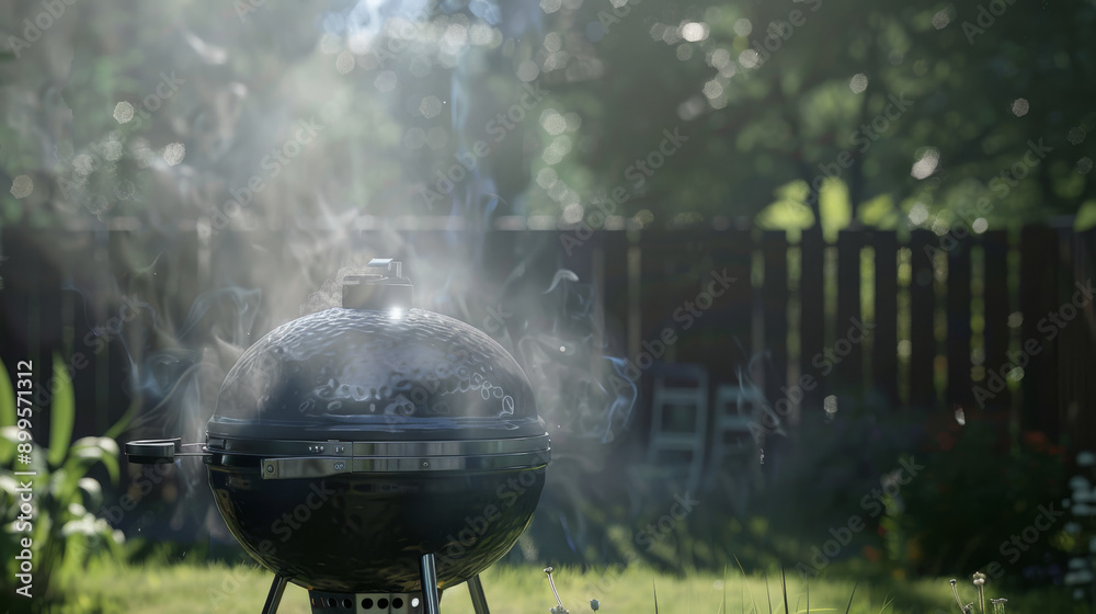 A round charcoal grill smoking in a sunny backyard, surrounded by greenery and bathed in natural light, ready for an outdoor barbecue. A round charcoal grill smoking in a sunny backyard, surrounded by greenery and bathed in natural light, ready for an outdoor barbecue.