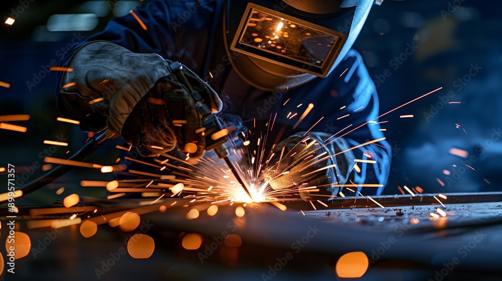 Wide panoramic image of an engineer welding in the factory, wearing protective gear, spark lights. Background with copyspace for industrial, precision manufacturing, engineering, industry 4.0 Wide panoramic image of an engineer welding in the factory, wearing protective gear, spark lights. Background with copyspace for industrial, precision manufacturing, engineering, industry 4.0