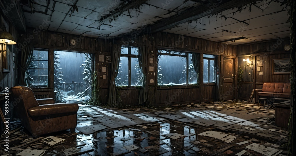 Fototapeta premium abandoned interior of cabin ski lodge resort in the forest wilderness mountains in the snow. deserted ransacked wooden log cottage in arctic tundra.