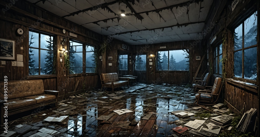 abandoned interior of cabin ski lodge resort in the forest wilderness mountains in the snow. deserted ransacked wooden log cottage in arctic tundra. abandoned interior of cabin ski lodge resort in the forest wilderness mountains in the snow. deserted ransacked wooden log cottage in arctic tundra.