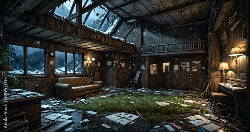 abandoned interior of cabin ski lodge resort in the forest wilderness mountains in the snow. deserted ransacked wooden log cottage in arctic tundra. © Shane Sparrow