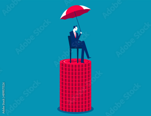 The businessman is sitting on the stack of coins with an umbrella. Business commercial insurance protects vector concept