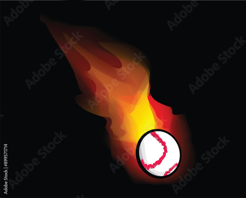 Baseball engulfed in fiery flames on black background