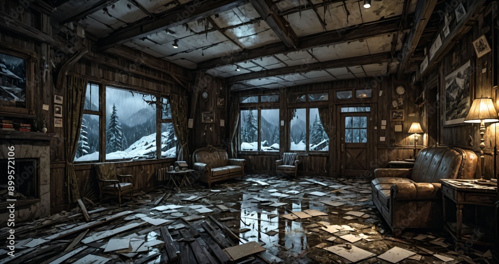abandoned old ski lodge resort interior cabin in the forest snowy mountains in winter with snow on pine trees. ransacked arctic wooden log cottage house. 