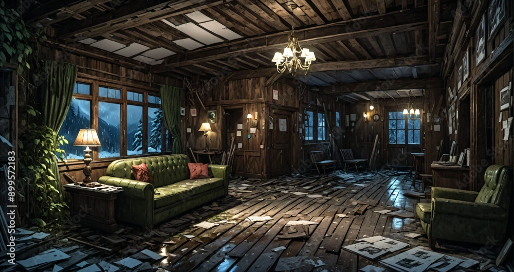abandoned old ski lodge resort interior cabin in the forest snowy mountains in winter with snow on pine trees. ransacked arctic wooden log cottage house. abandoned old ski lodge resort interior cabin in the forest snowy mountains in winter with snow on pine trees. ransacked arctic wooden log cottage house.
