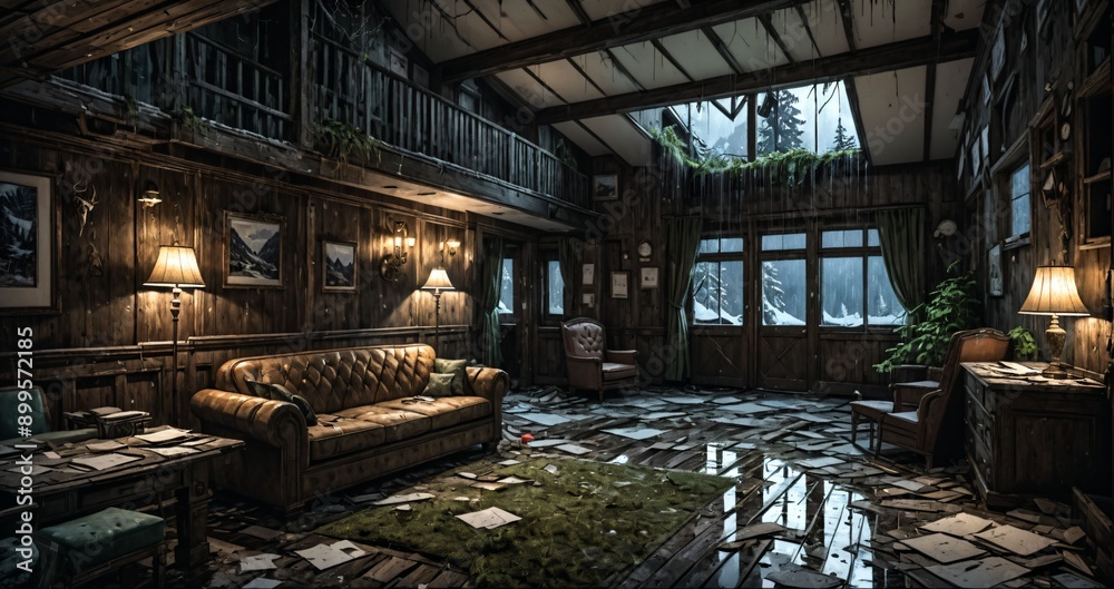 Fototapeta premium abandoned old ski lodge resort interior cabin in the forest snowy mountains in winter with snow on pine trees. ransacked arctic wooden log cottage house. 