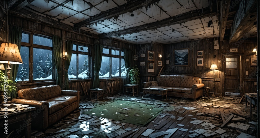 abandoned old ski lodge resort interior cabin in the forest snowy mountains in winter with snow on pine trees. ransacked arctic wooden log cottage house. abandoned old ski lodge resort interior cabin in the forest snowy mountains in winter with snow on pine trees. ransacked arctic wooden log cottage house.