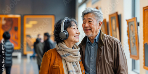 Couple in art museum. Senior asian man and woman in gallery with audio guide. Old people visit exhibition. Visitors watch picture and translate tour by headphones. Japanese, chinese or korean tourists