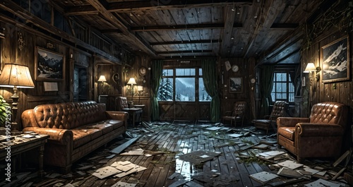 abandoned old ski lodge resort interior cabin in the forest snowy mountains in winter with snow on pine trees. ransacked arctic wooden log cottage house. 