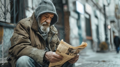 Seeking Connection: Homeless Man Reading Discarded Newspaper to Stay Informed and Connected with the World