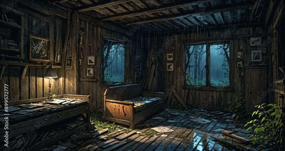 Obraz premium old abandoned wooden cabin ransacked lodge on a rainy summer spring evening.