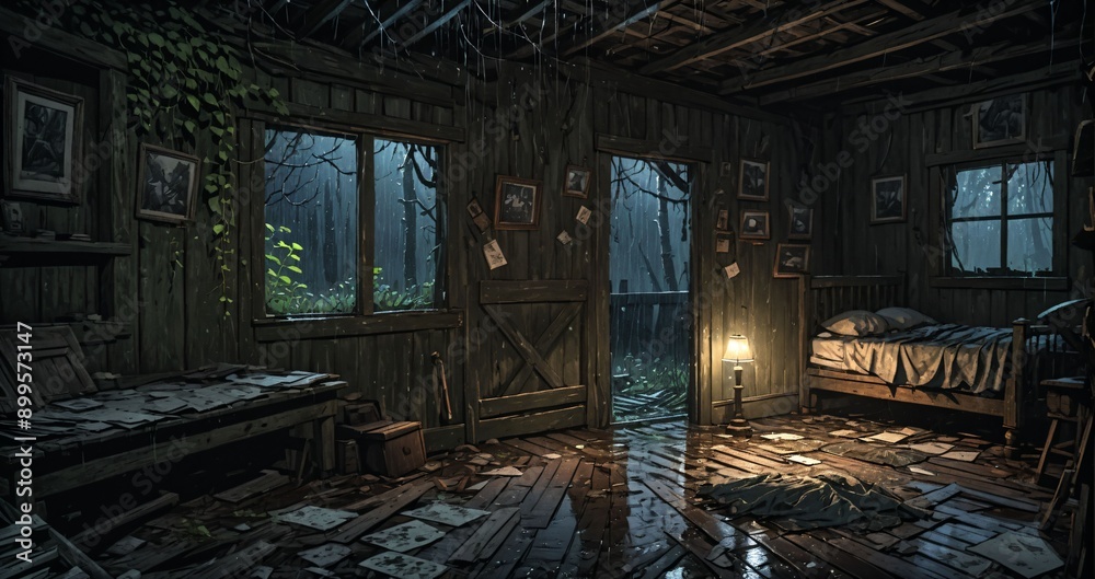 abandoned wooden cabin bedroom interior in the woods on a rainy evening day night. ransacked wood log lodge overgrown cottage in the forest rain. abandoned wooden cabin bedroom interior in the woods on a rainy evening day night. ransacked wood log lodge overgrown cottage in the forest rain.