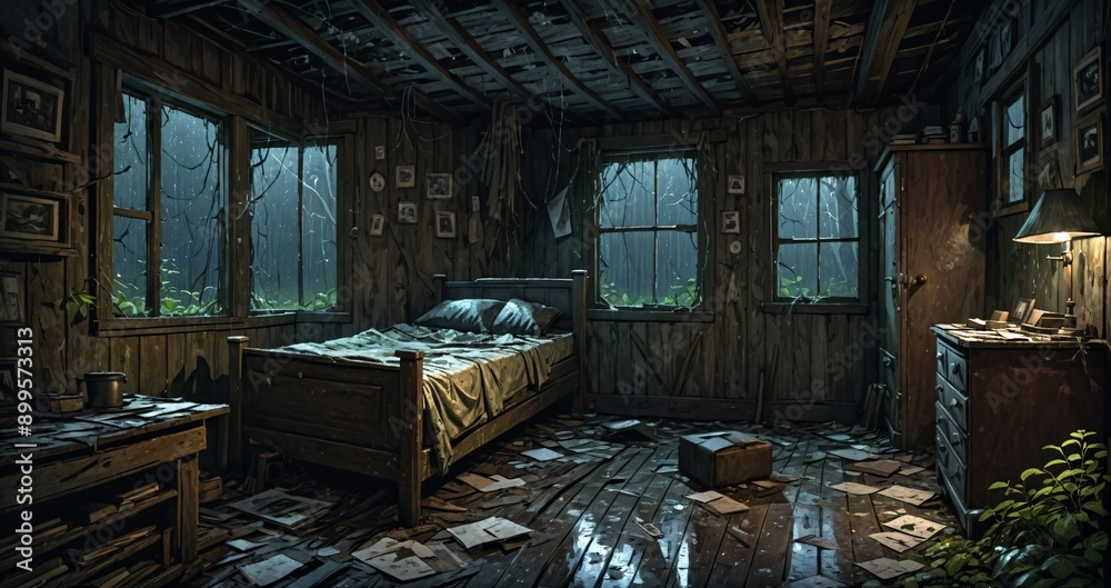 abandoned wooden cabin bedroom interior in the woods on a rainy evening day night. ransacked wood log lodge overgrown cottage in the forest rain. abandoned wooden cabin bedroom interior in the woods on a rainy evening day night. ransacked wood log lodge overgrown cottage in the forest rain.