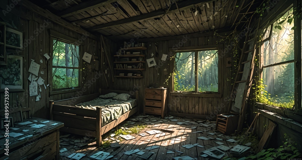 interior of abandoned cabin in the woods. deserted overgrown bedroom of lodge in the forest on a summer day surrounded by trees and grass. interior of abandoned cabin in the woods. deserted overgrown bedroom of lodge in the forest on a summer day surrounded by trees and grass.