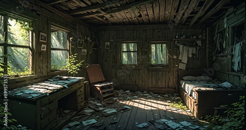 interior of abandoned cabin in the woods. deserted overgrown bedroom of lodge in the forest on a summer day surrounded by trees and grass.