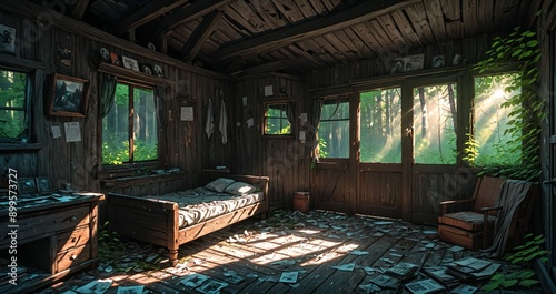 interior of abandoned cabin in the woods. deserted overgrown bedroom of lodge in the forest on a summer day surrounded by trees and grass.