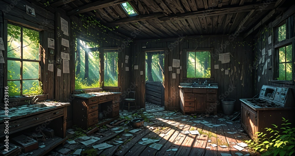 abandoned cabin house in the woods. wooden log lodge interior in the forest on a sunny summer day with sun rays through windows in nature. abandoned cabin house in the woods. wooden log lodge interior in the forest on a sunny summer day with sun rays through windows in nature.