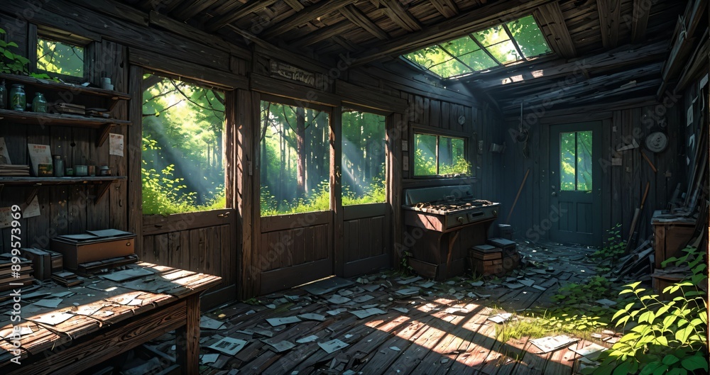 abandoned cabin house in the woods. wooden log lodge interior in the forest on a sunny summer day with sun rays through windows in nature. abandoned cabin house in the woods. wooden log lodge interior in the forest on a sunny summer day with sun rays through windows in nature.