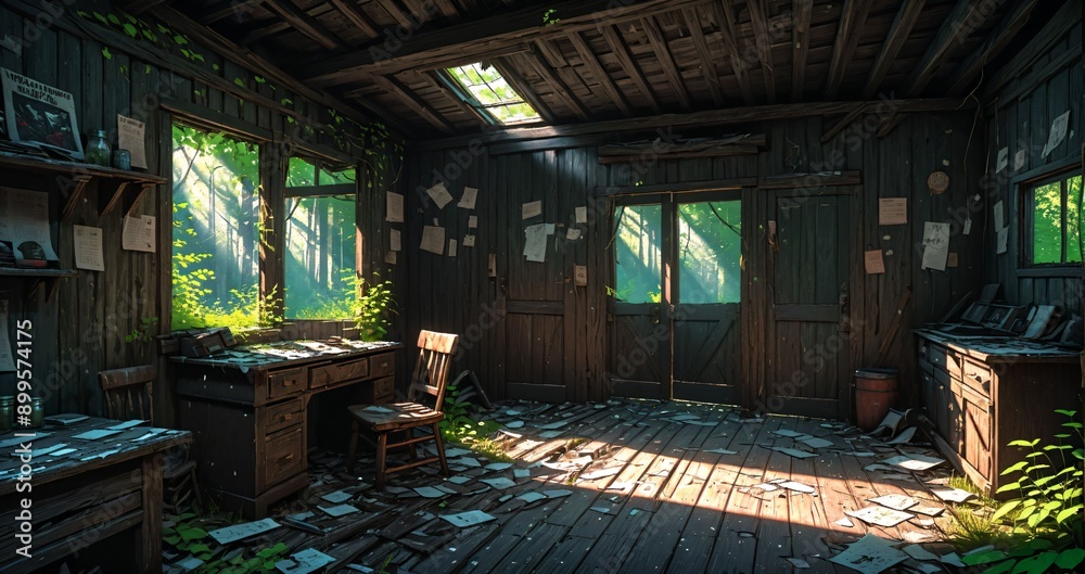 abandoned cabin house in the woods. wooden log lodge interior in the forest on a sunny summer day with sun rays through windows in nature. abandoned cabin house in the woods. wooden log lodge interior in the forest on a sunny summer day with sun rays through windows in nature.
