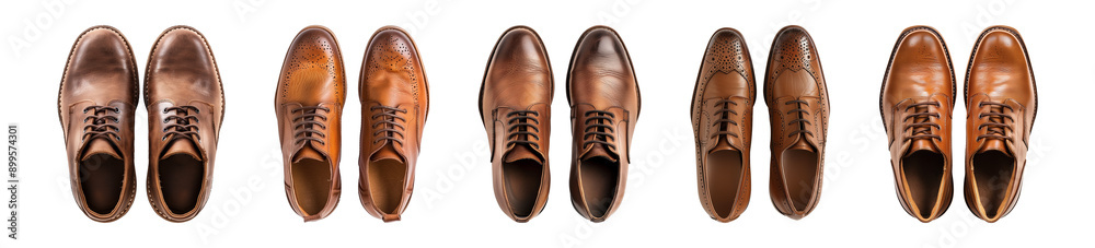 Collection pair of brown leather men’s shoes isolated on a transparent background, top view, cut-out, PNG Collection pair of brown leather men’s shoes isolated on a transparent background, top view, cut-out, PNG