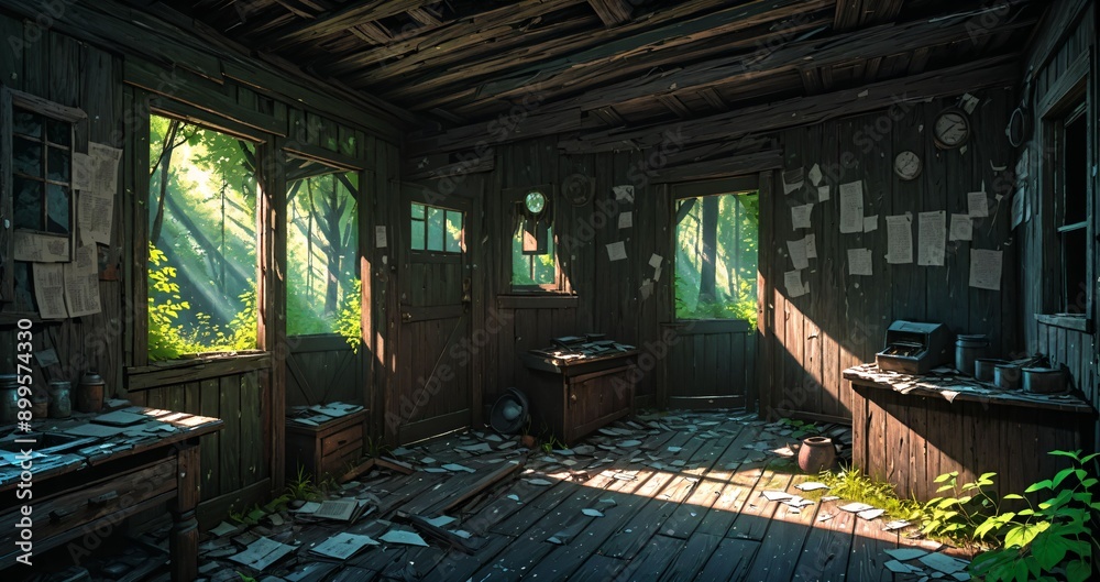 abandoned cabin house in the woods. wooden log lodge interior in the forest on a sunny summer day with sun rays through windows in nature. abandoned cabin house in the woods. wooden log lodge interior in the forest on a sunny summer day with sun rays through windows in nature.
