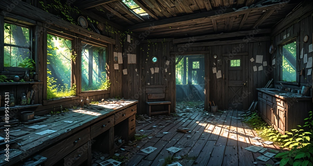 abandoned cabin house in the woods. wooden log lodge interior in the forest on a sunny summer day with sun rays through windows in nature. abandoned cabin house in the woods. wooden log lodge interior in the forest on a sunny summer day with sun rays through windows in nature.