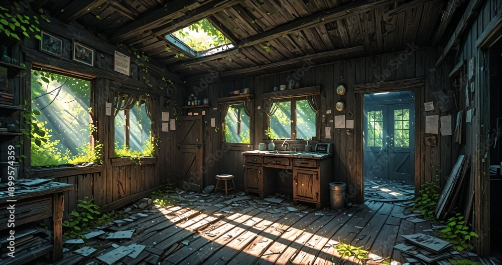 abandoned cabin house in the woods. wooden log lodge interior in the forest on a sunny summer day with sun rays through windows in nature. abandoned cabin house in the woods. wooden log lodge interior in the forest on a sunny summer day with sun rays through windows in nature.