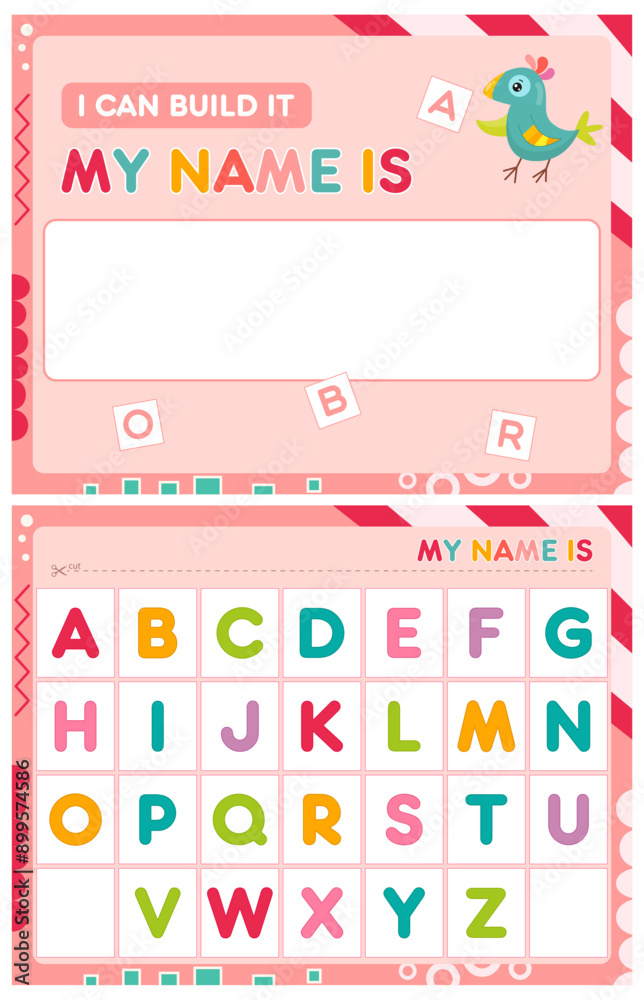 My first busy book – page for build name. Cut letter from table and paste (glue) in place for name. Activity worksheet for toddlers. Learning alphabet. Vector illustration.