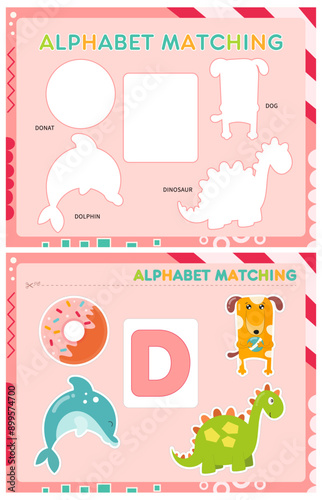 My first busy book – learning alphabet. Cut letter D and pictures starts with D and paste (glue) it in right place. Activity worksheet for toddlers. Matching game. Vector illustration.