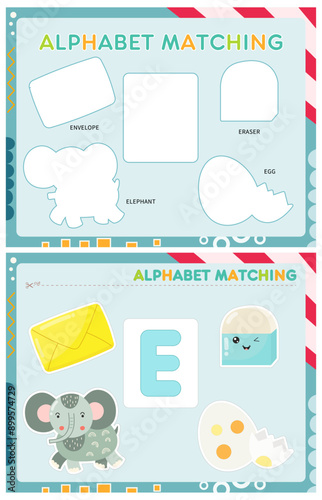 My first busy book – learning alphabet. Cut letter E and pictures starts with E and paste (glue) it in right place. Activity worksheet for toddlers. Matching game. Vector illustration.