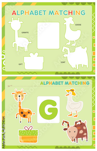 My first busy book – learning alphabet. Cut letter G and pictures starts with G and paste (glue) it in right place. Activity worksheet for toddlers. Matching game. Vector illustration.