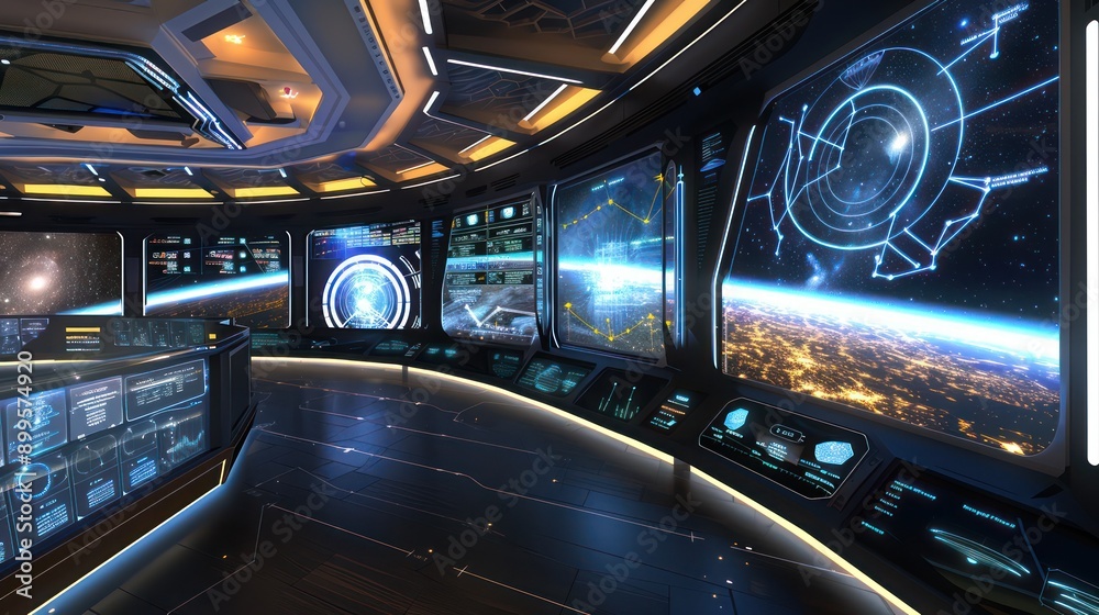 virtual classroom designed like the deck of a spaceship, with screens displaying star charts and cosmic phenomena virtual classroom designed like the deck of a spaceship, with screens displaying star charts and cosmic phenomena