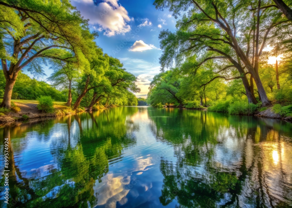 Peaceful Guadalupe River in New Braunfels, Texas, features serene water reflecting surrounding lush greenery and vibrant trees under a warm sunny sky. Peaceful Guadalupe River in New Braunfels, Texas, features serene water reflecting surrounding lush greenery and vibrant trees under a warm sunny sky.