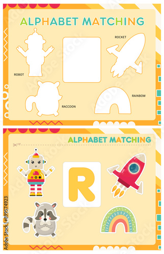 My first busy book – learning alphabet. Cut letter R and pictures starts with R and paste (glue) it in right place. Activity worksheet for toddlers. Matching game. Vector illustration.