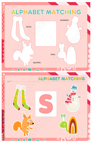 My first busy book – learning alphabet. Cut letter S and pictures starts with S and paste (glue) it in right place. Activity worksheet for toddlers. Matching game. Vector illustration.
