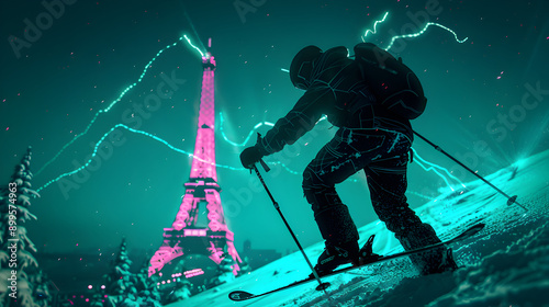 Neon Alpine Skier: Fluorescent silhouette of an alpine skier with the Eiffel Tower in the background on a dark turquoise background.