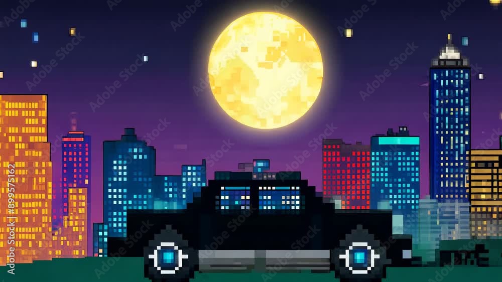 Pixelated car parked under moonlight in a cityscape at night