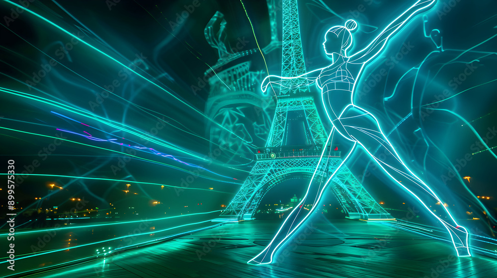 Neon Rhythmic Gymnast: Bright neon lines forming a rhythmic gymnast with the Eiffel Tower in the background on a dark turquoise background.
Neon Rhythmic Gymnast: Bright neon lines forming a rhythmic gymnast with the Eiffel Tower in the background on a dark turquoise background.