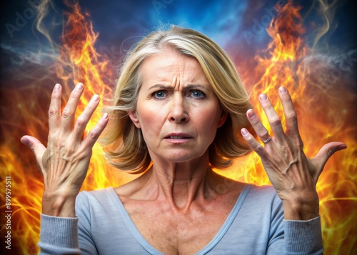 Image of a middle-aged woman in menopause with hot flashes and hormonal thermoregulation failures. photo