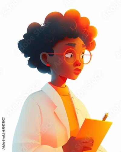 a simple, flat illustration of a young African-American female doctor wearing a lab coat and glasses. She should have short curly hair and be holding a clipboard.